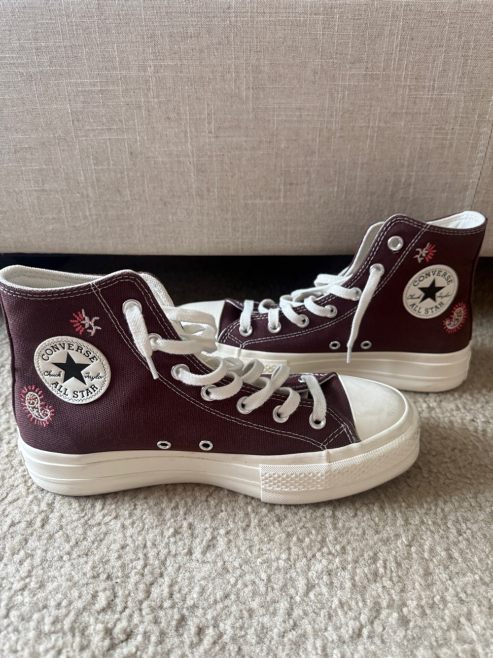 8.5Converse High Top Sneakers - Deep Burgundy & White with Paisley Detailing